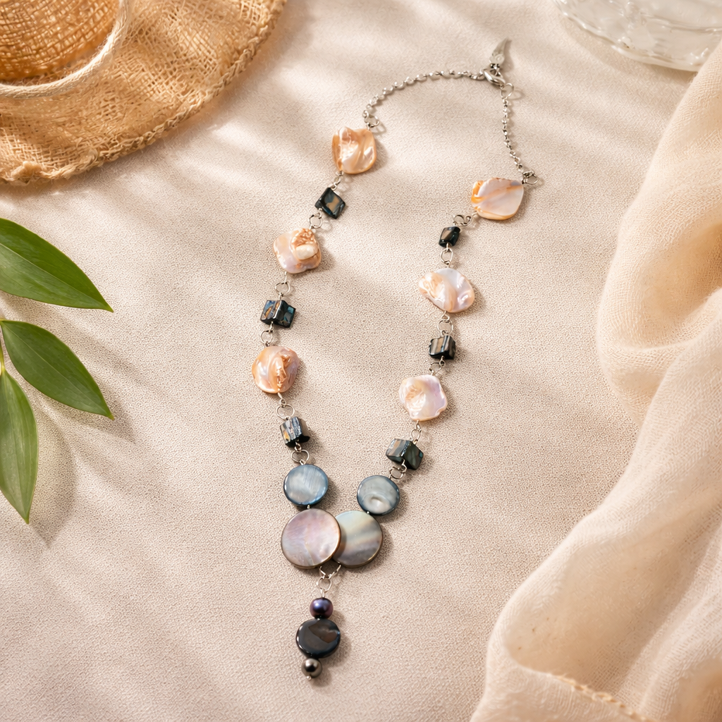 Keshi Pearl & Mother-of-Pearl Statement Necklace with Black Spinel Accents