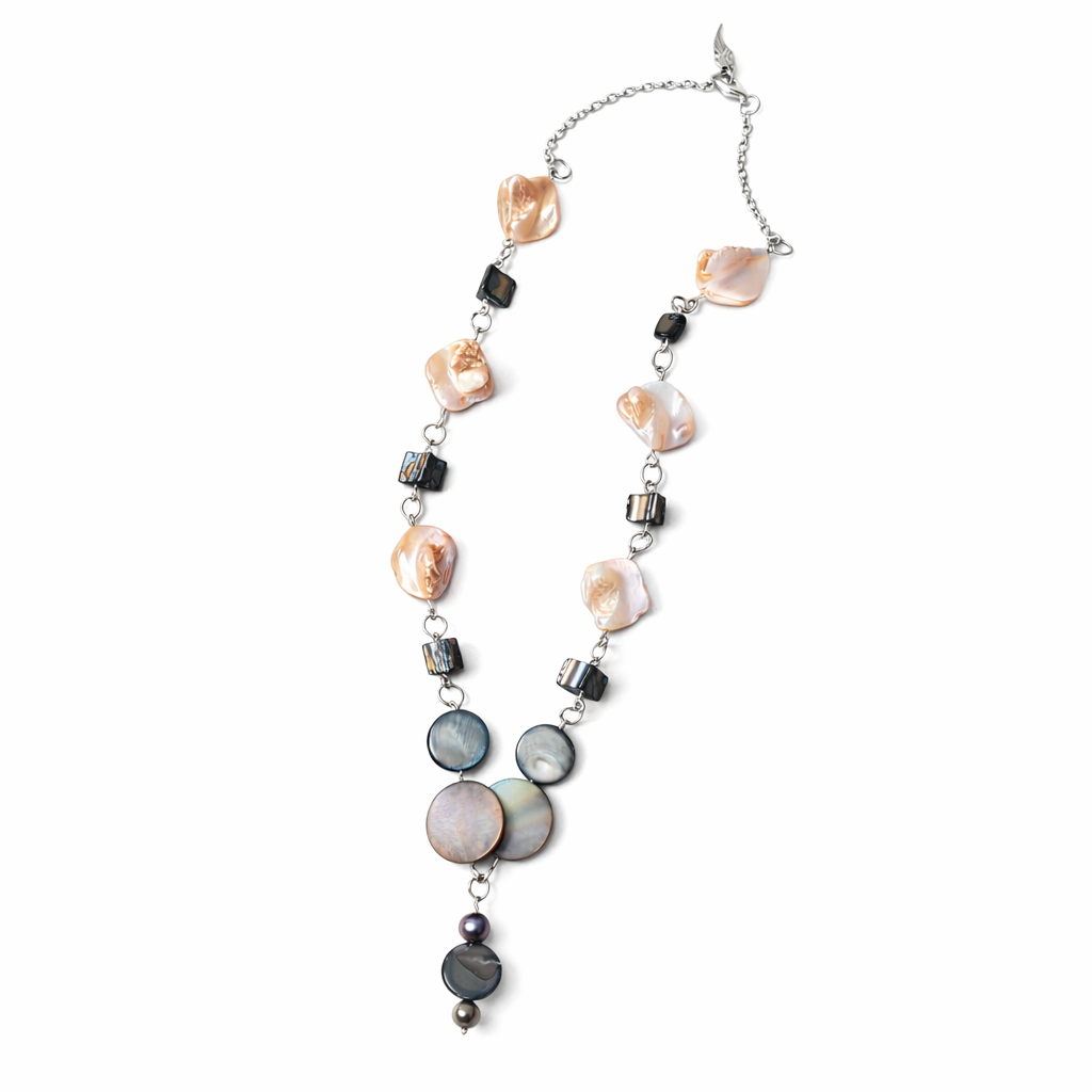 Keshi Pearl & Mother-of-Pearl Statement Necklace with Black Spinel Accents