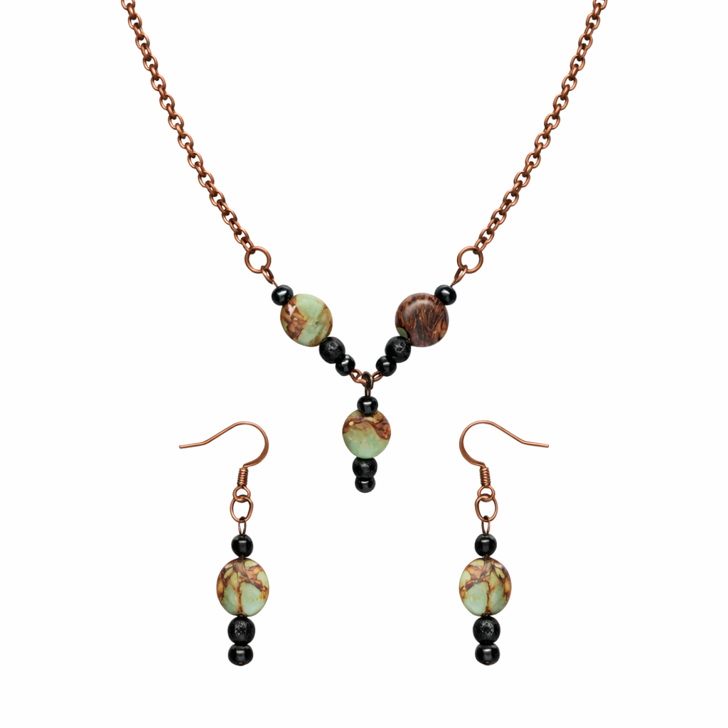 Earth Tone Gemstone Necklace & Earrings Set – Copper Chain Handmade Jewelry