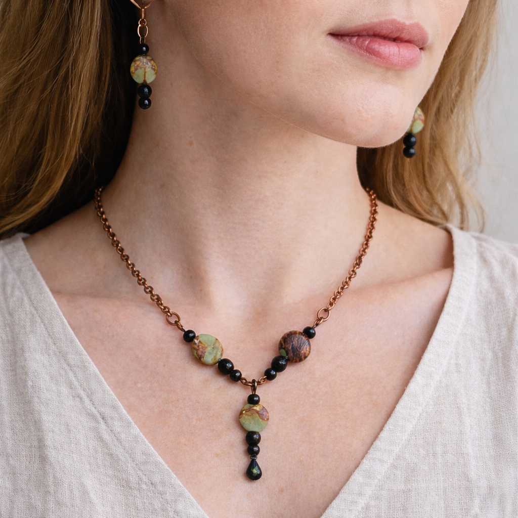 Earth Tone Gemstone Necklace & Earrings Set – Copper Chain Handmade Jewelry