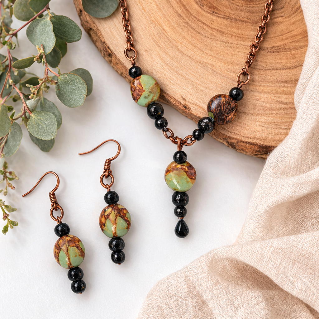 Earth Tone Gemstone Necklace & Earrings Set – Copper Chain Handmade Jewelry
