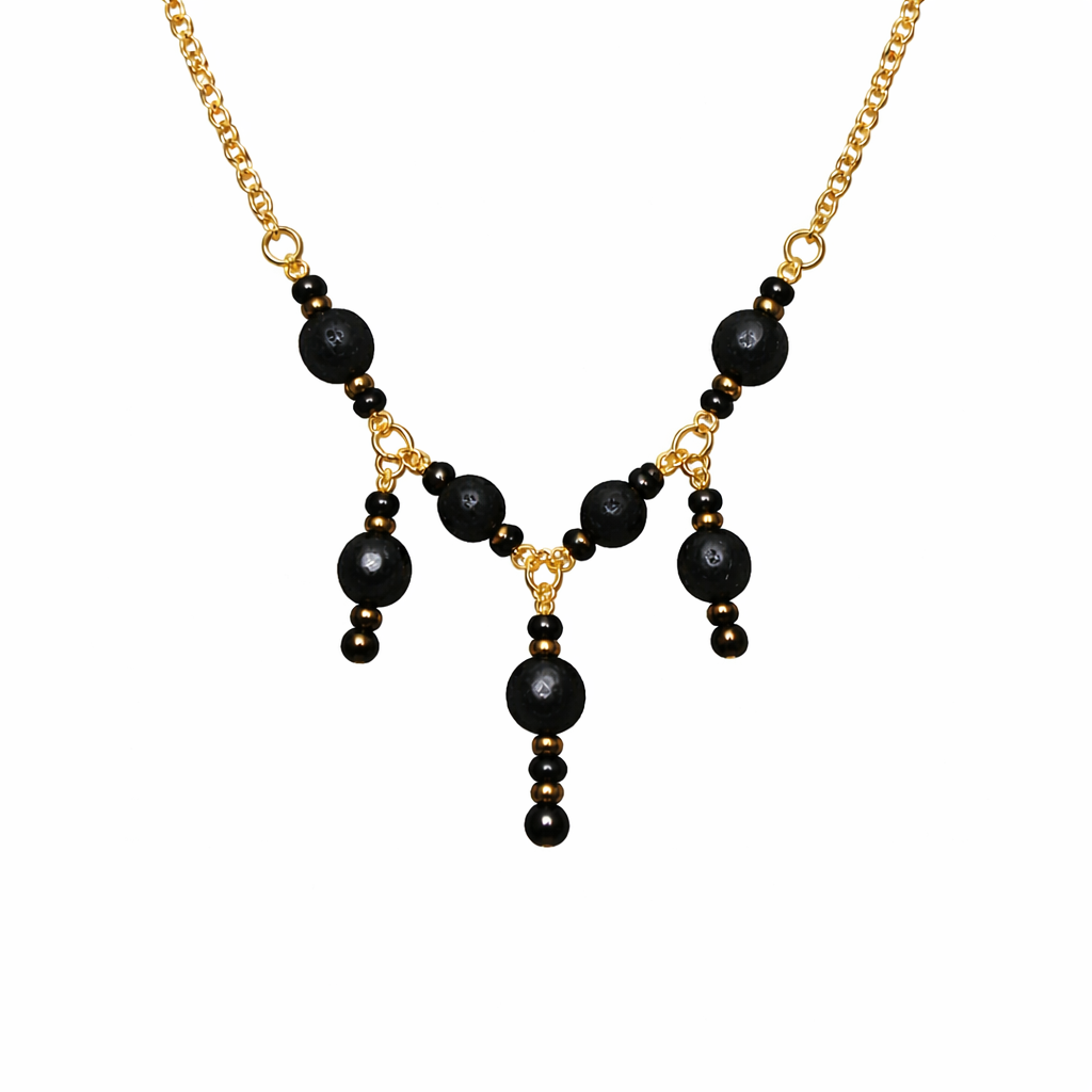 Black Lava Bead Drop Necklace – Gold Chain Statement Necklace | Handmade Jewelry