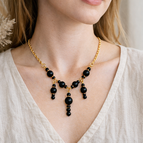 Black Lava Bead Drop Necklace – Gold Chain Statement Necklace | Handmade Jewelry