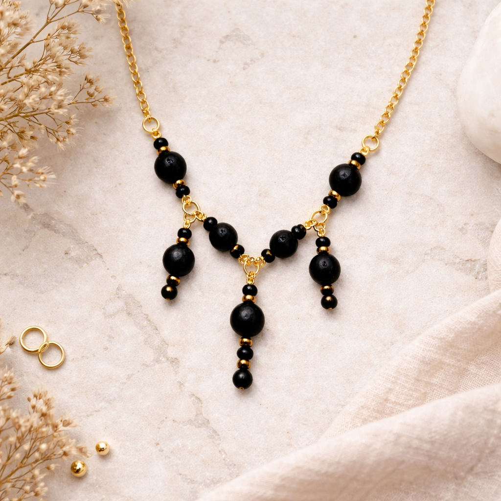 Black Lava Bead Drop Necklace – Gold Chain Statement Necklace | Handmade Jewelry
