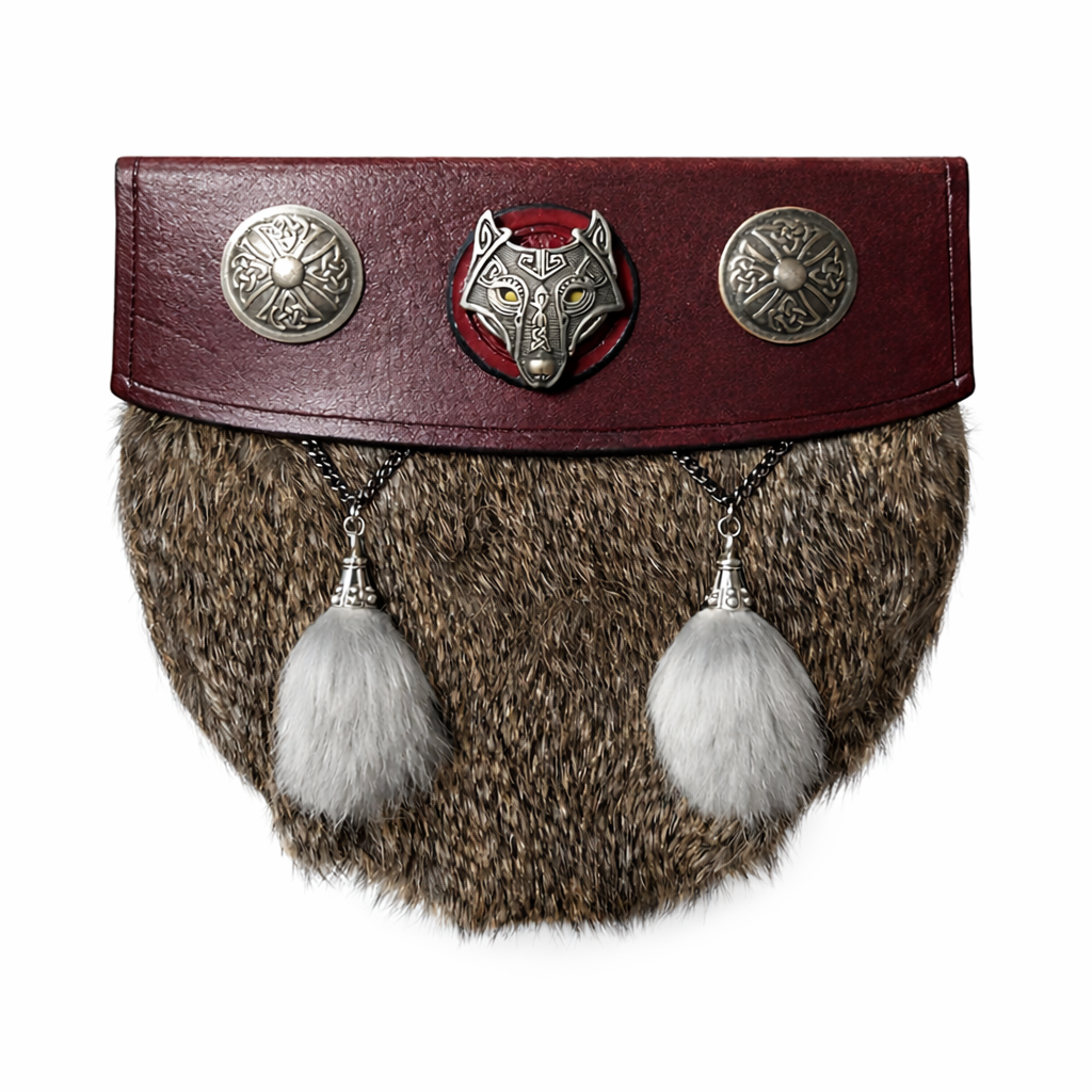 Viking Wolf Leather Belt Pouch – Medieval Fur Sporran Bag for Renaissance Faire, LARP, Cosplay