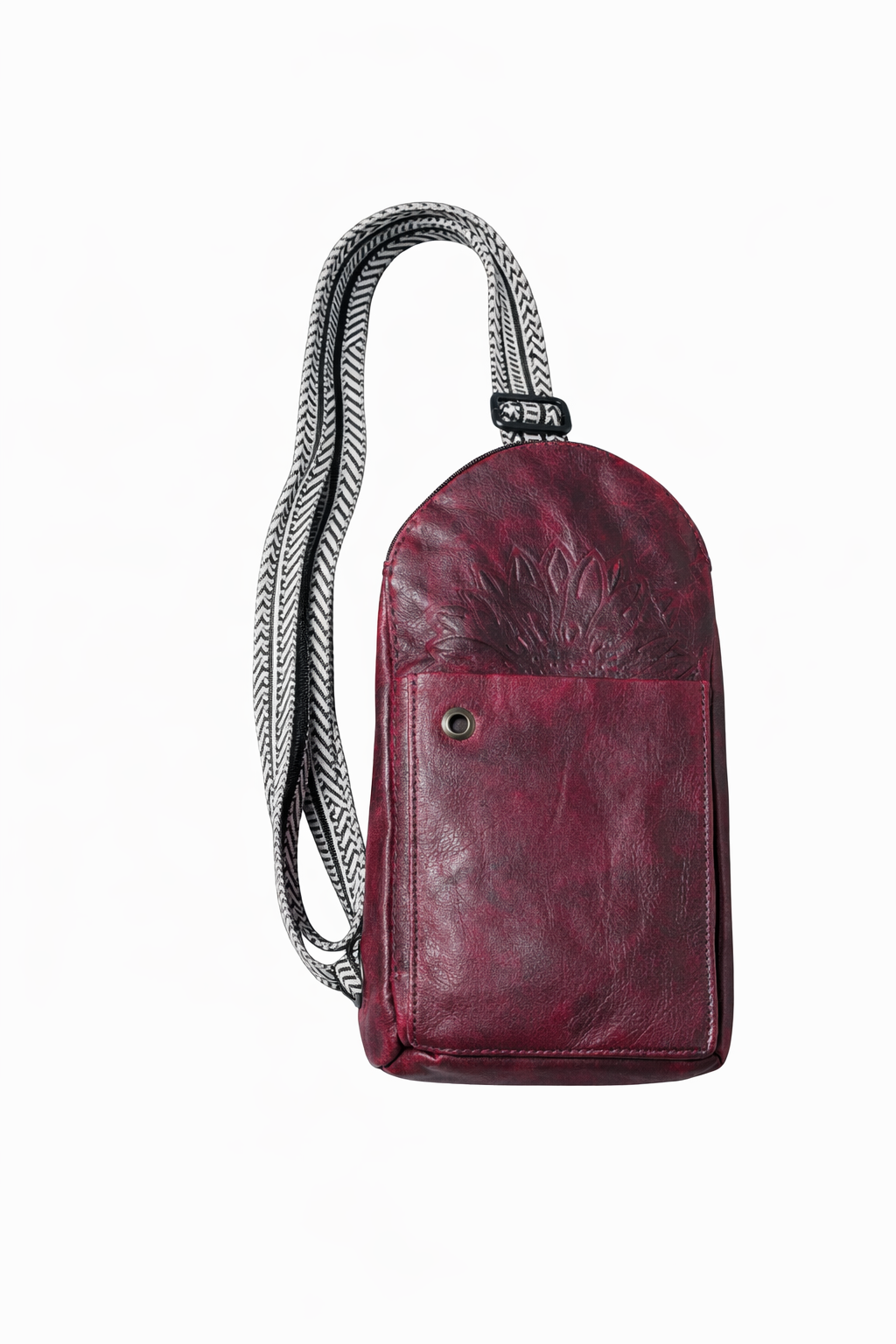Handmade Burgundy Leather Crossbody Bag – Artisan Leather Sling Purse with Embossed Floral Pocket