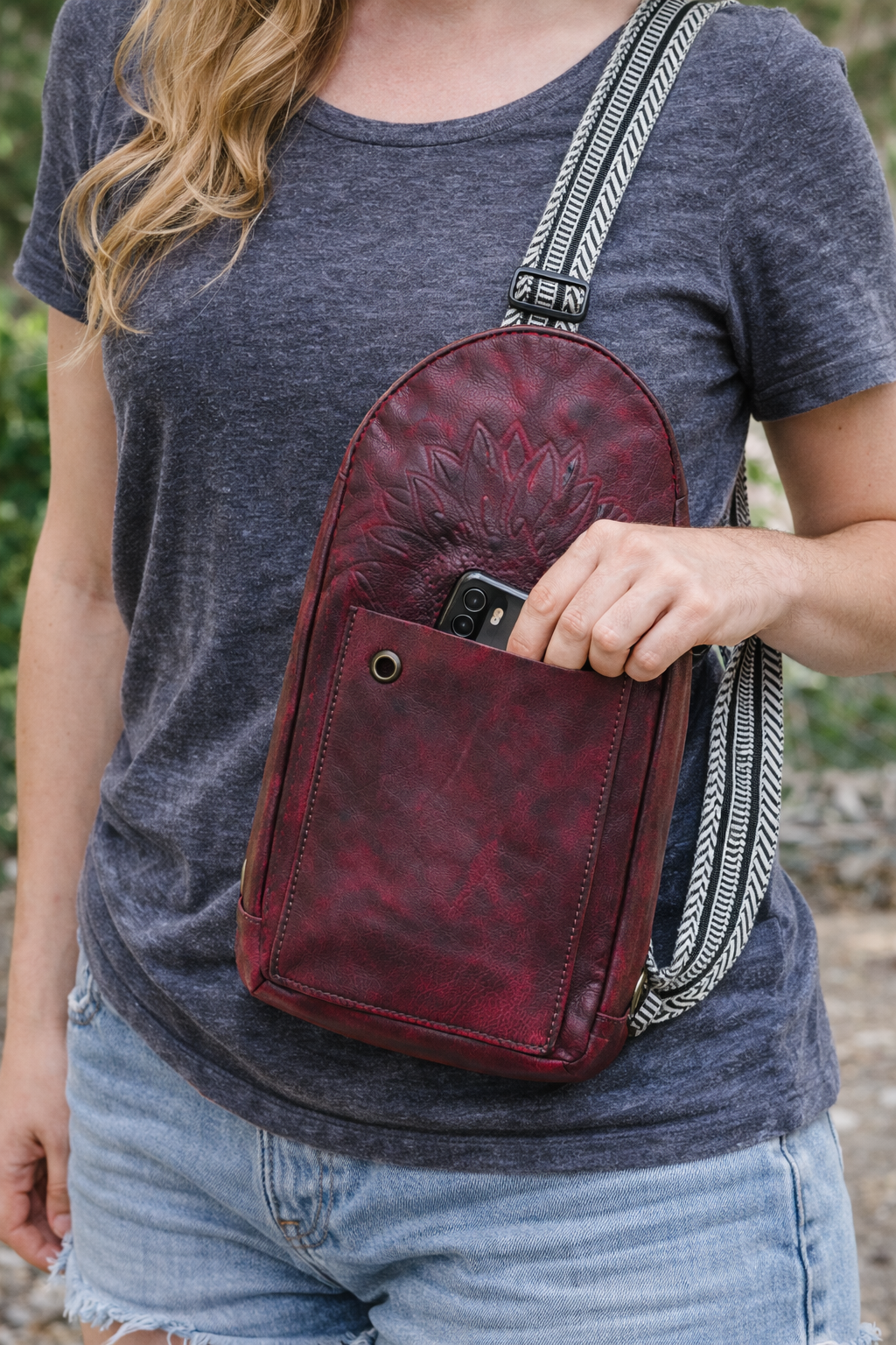 Handmade Burgundy Leather Crossbody Bag – Artisan Leather Sling Purse with Embossed Floral Pocket