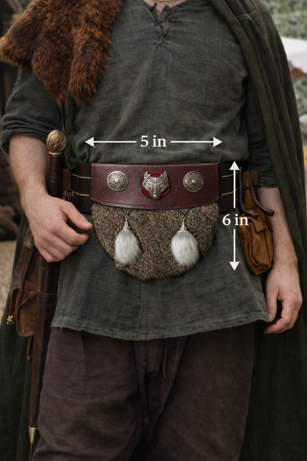 Viking Wolf Leather Belt Pouch – Medieval Fur Sporran Bag for Renaissance Faire, LARP, Cosplay