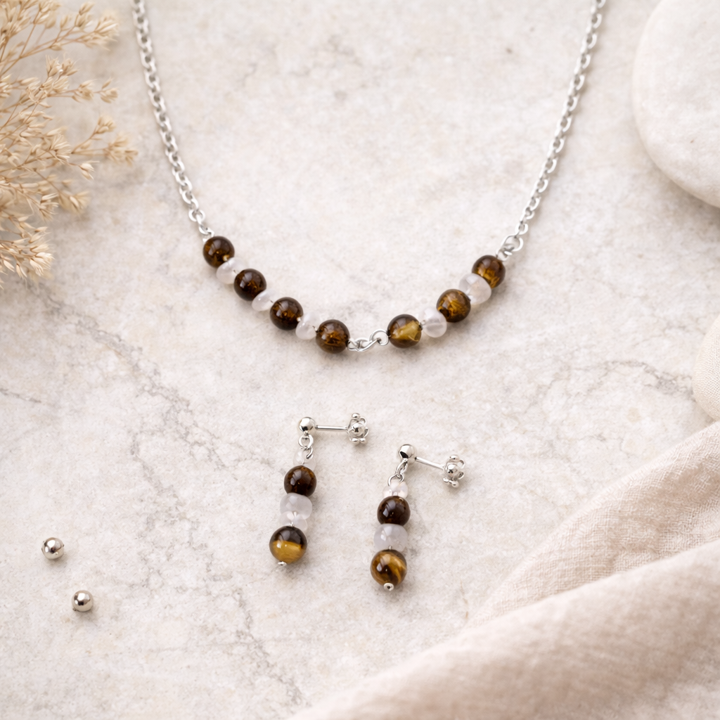 Tiger Eye & Quartz Beaded Necklace and Earrings Set