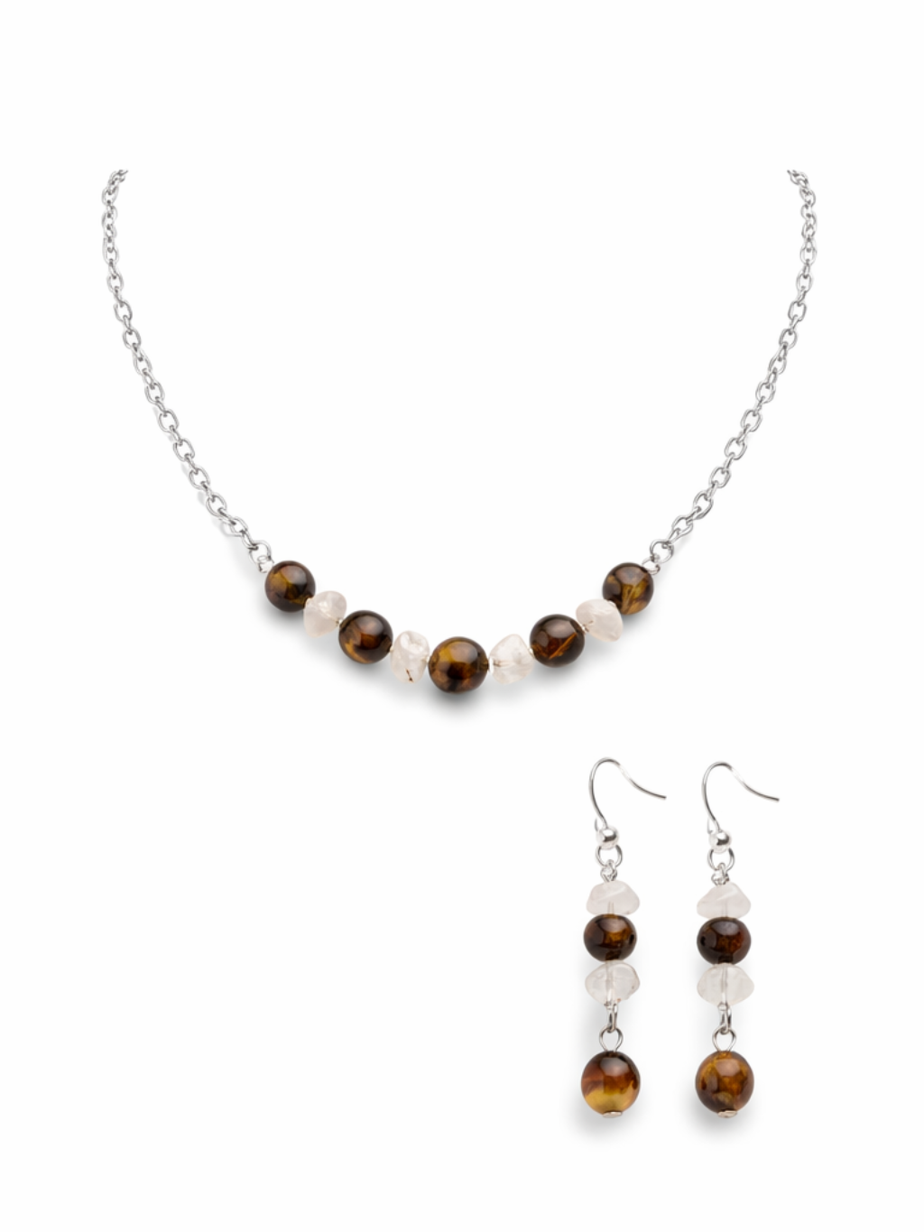 Tiger Eye & Quartz Beaded Necklace and Earrings Set