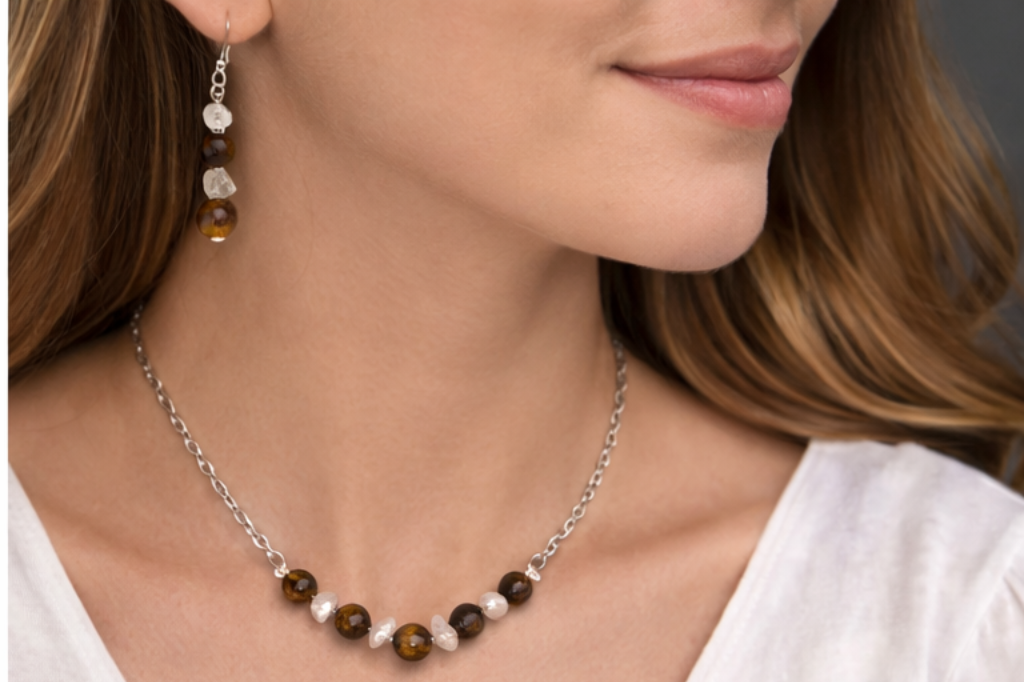 Tiger Eye & Quartz Beaded Necklace and Earrings Set