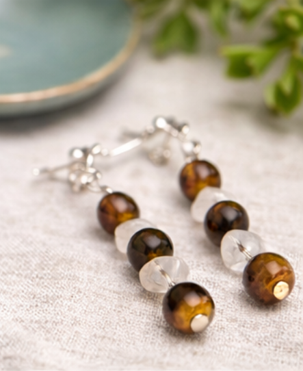 Tiger Eye & Quartz Beaded Necklace and Earrings Set