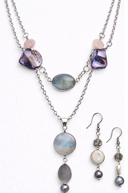 Labradorite & Purple Crystal Layered Necklace Set with Matching Earrings