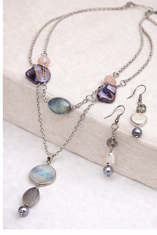 Labradorite & Purple Crystal Layered Necklace Set with Matching Earrings