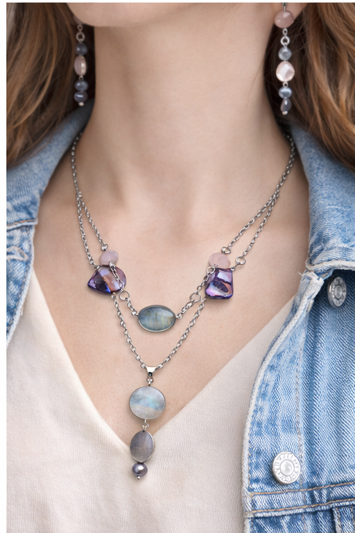 Labradorite & Purple Crystal Layered Necklace Set with Matching Earrings