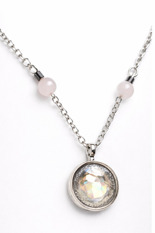Crystal Pendant Necklace with Rose Quartz Accents – Handmade Iridescent Statement Necklace