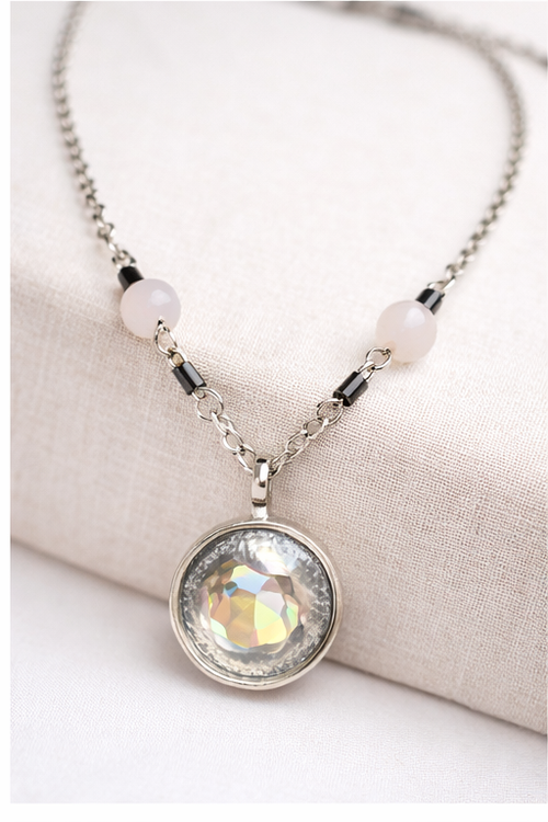 Crystal Pendant Necklace with Rose Quartz Accents – Handmade Iridescent Statement Necklace
