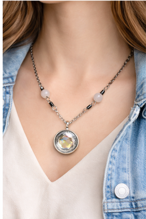 Crystal Pendant Necklace with Rose Quartz Accents – Handmade Iridescent Statement Necklace