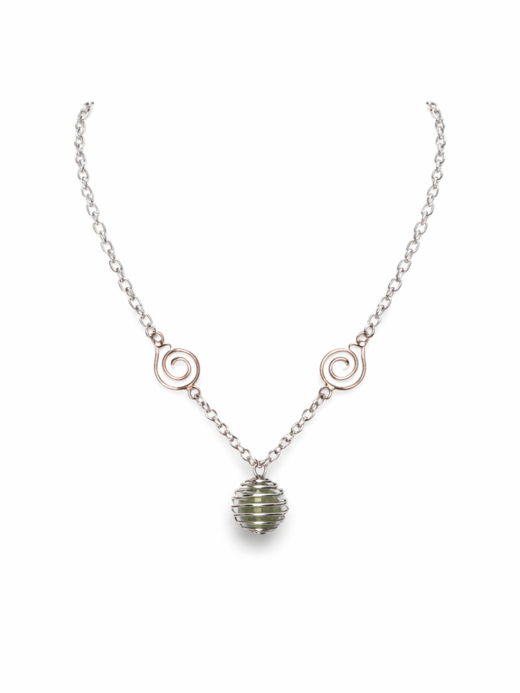 Handmade Green Stone Spiral Pendant Necklace – Silver Chain Statement Necklace