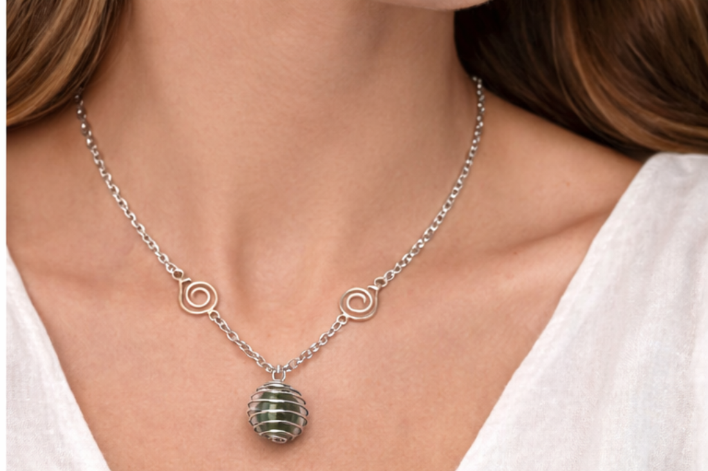 Handmade Green Stone Spiral Pendant Necklace – Silver Chain Statement Necklace