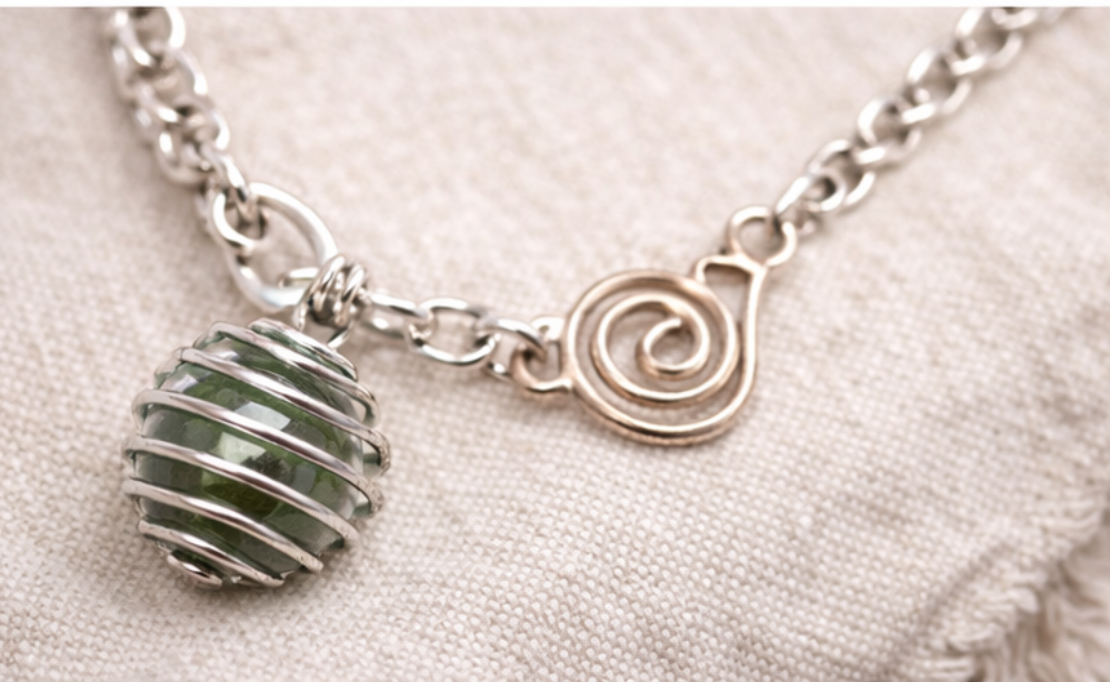 Handmade Green Stone Spiral Pendant Necklace – Silver Chain Statement Necklace