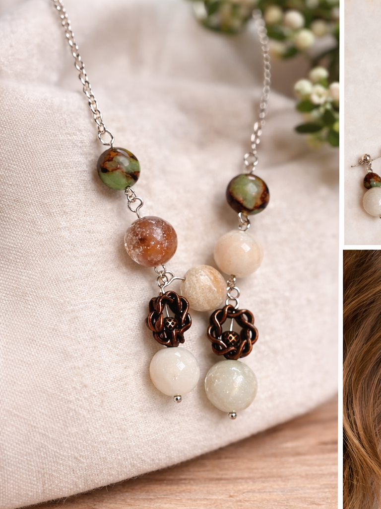 Natural Stone Necklace & Earring Set – Handmade Beaded Statement Jewelry