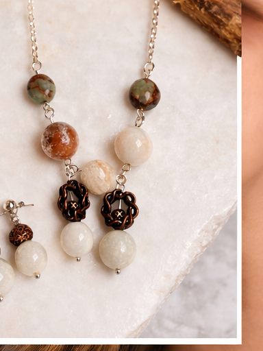 Natural Stone Necklace & Earring Set – Handmade Beaded Statement Jewelry