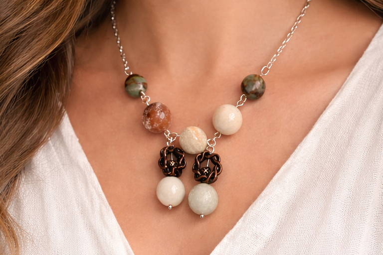 Natural Stone Necklace & Earring Set – Handmade Beaded Statement Jewelry