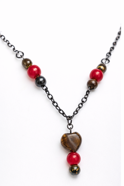 Tiger’s Eye Heart Necklace & Earring Set – Handmade Red Bead Statement Jewelry