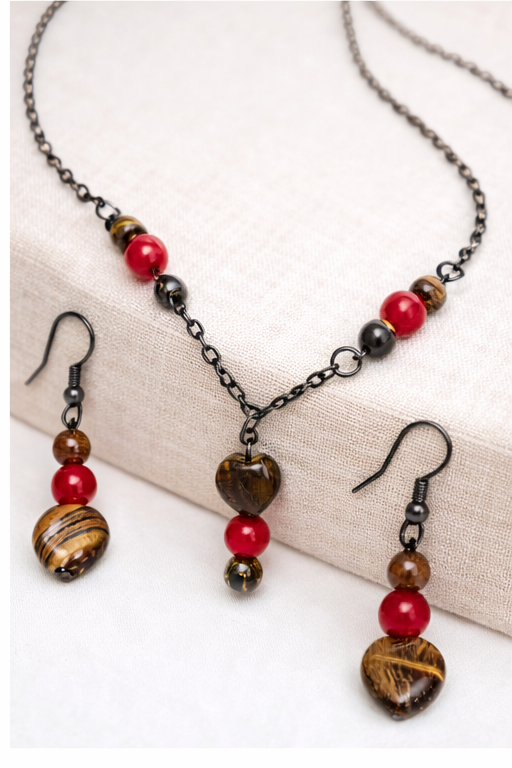 Tiger’s Eye Heart Necklace & Earring Set – Handmade Red Bead Statement Jewelry