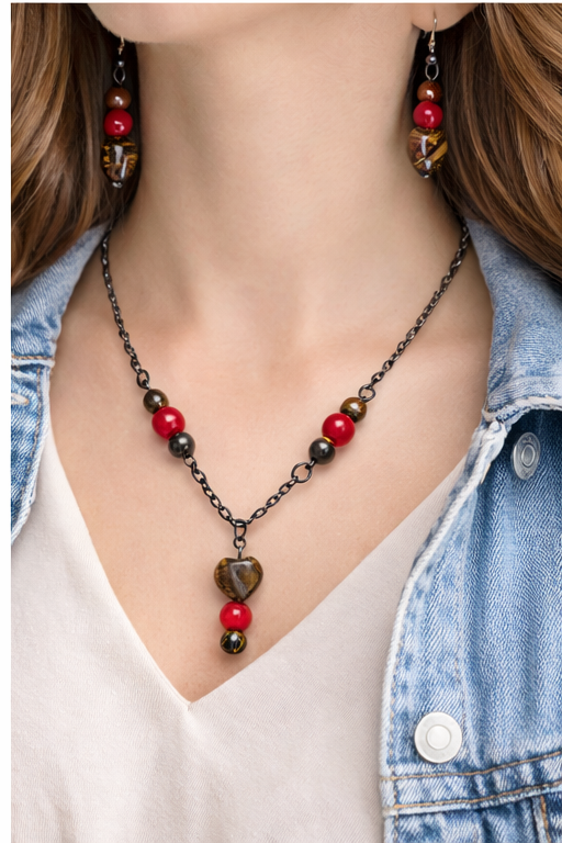 Tiger’s Eye Heart Necklace & Earring Set – Handmade Red Bead Statement Jewelry