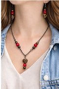 Tiger’s Eye Heart Necklace & Earring Set – Handmade Red Bead Statement Jewelry